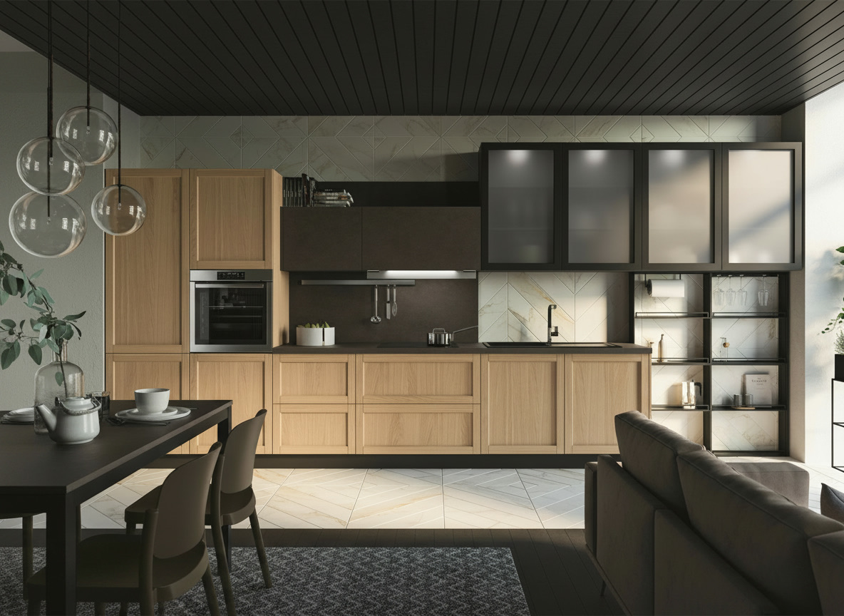 Cucina Noah in legno chiaro con vetrine nere, piastrelle effetto marmo a spina e soffitto scuro, Michelessi