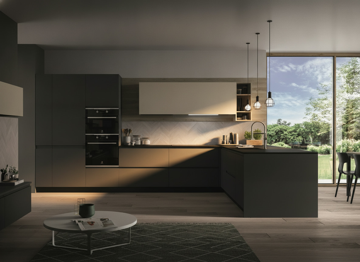 Cucina Fly con ante lisce verde scuro, penisola, pensile crema e forni integrati, Michelessi