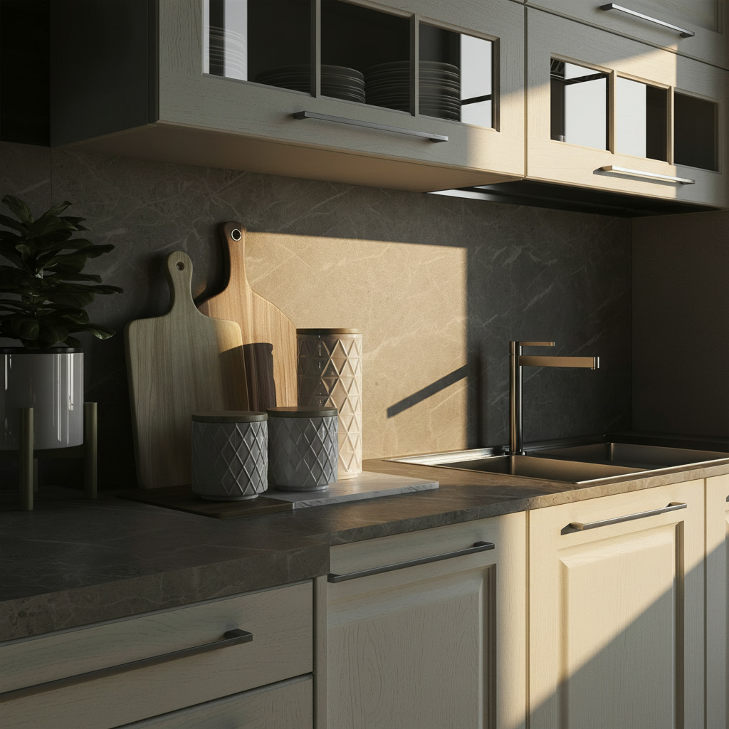 Dettaglio cucina Maya con vetrine, alzata effetto marmo grigio, taglieri in legno e lavello inox, Michelessi