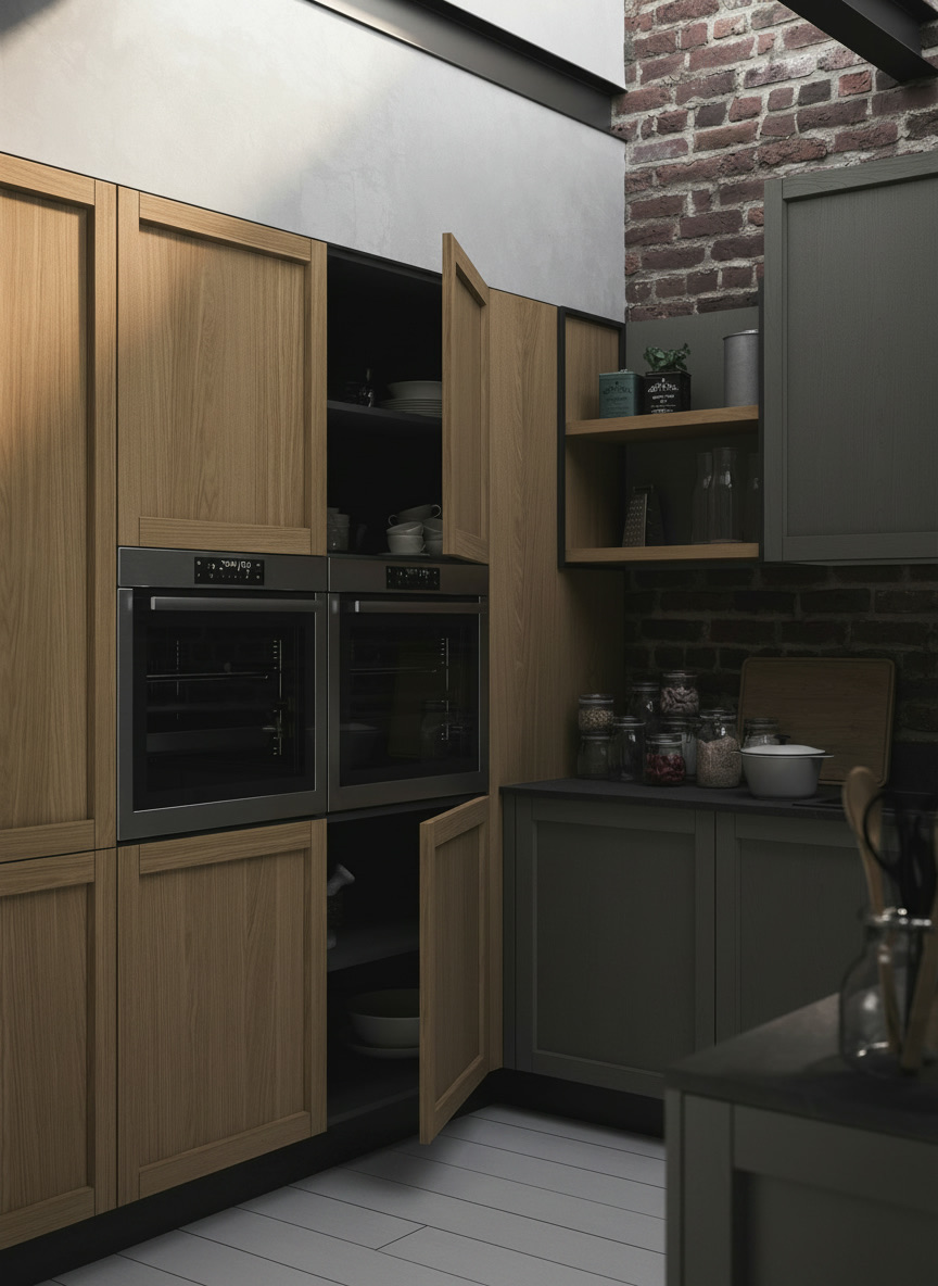 Colonne cucina Noah in legno chiaro con doppio forno e dispensa, ante verde salvia e mattoni a vista, Michelessi
