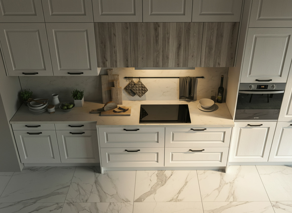 Cucina Maya bianca vista dall'alto con piano cottura nero e pavimento effetto marmo bianco, Michelessi