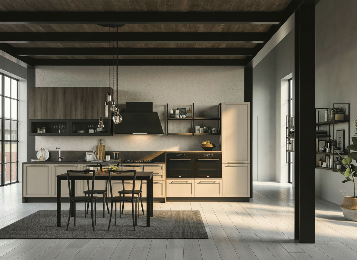 Cucina Noah crema con pensili in legno scuro, doppio forno nero, travi scure e tavolo nero, Michelessi