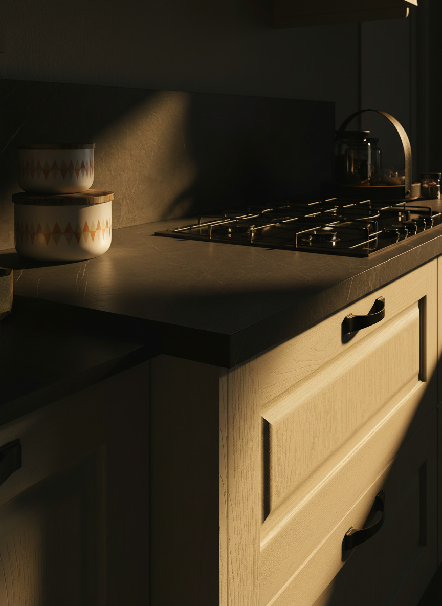 Dettaglio cucina Maya con piano effetto pietra scura, piano cottura a gas e cassetti crema, Michelessi