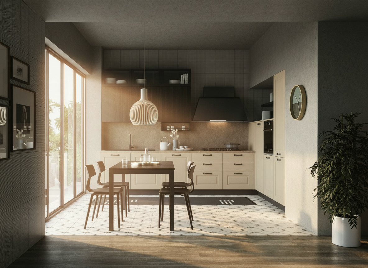 Cucina Maya crema con pensili scuri, cappa nera e pavimento in piastrelle decorate, Michelessi