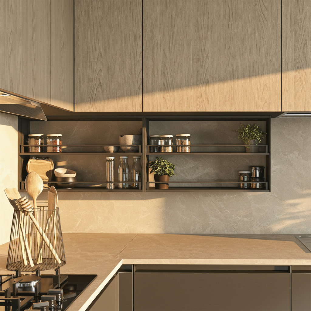 Mensole a giorno in metallo nero della cucina Hera con pensili in legno chiaro e schienale effetto pietra, Michelessi