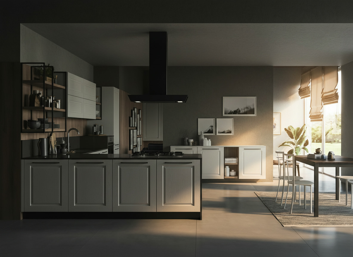 Cucina Maya crema con penisola, cappa nera a soffitto e scaffali a giorno in metallo, Michelessi