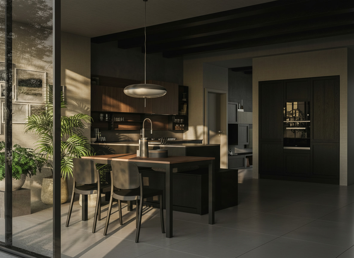 Cucina Noah con colonne grigio scuro, pensili in legno caldo, tavolo con panca e forni neri, Michelessi