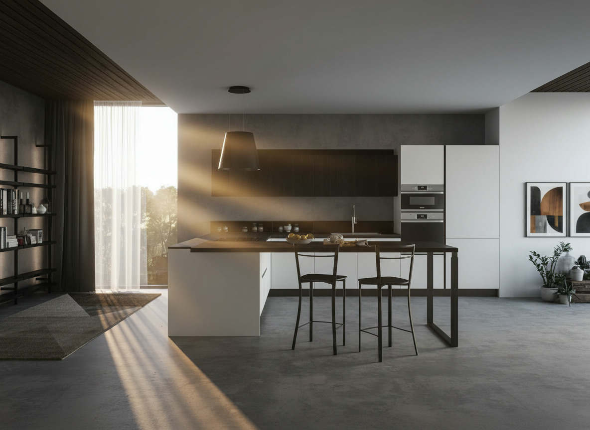 Cucina moderna Domino bianca con penisola, pensili in legno scuro e cappa nera, Michelessi