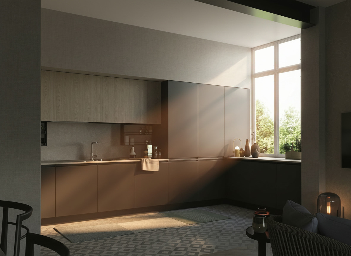 Cucina Hera con basi grigio scuro, pensili in legno chiaro e pavimento in piastrelle decorate, Michelessi