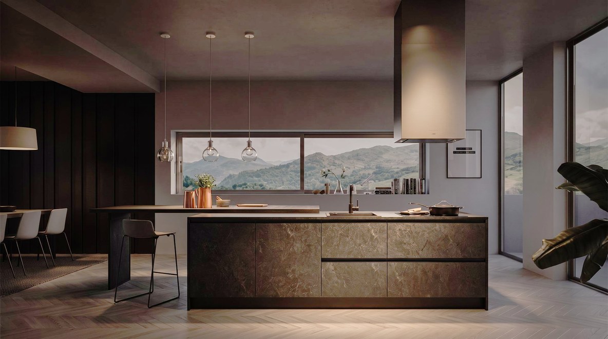 Visione di progetto: isola cucina Hera effetto pietra scura con cappa inox sospesa e finestra panoramica, Michelessi