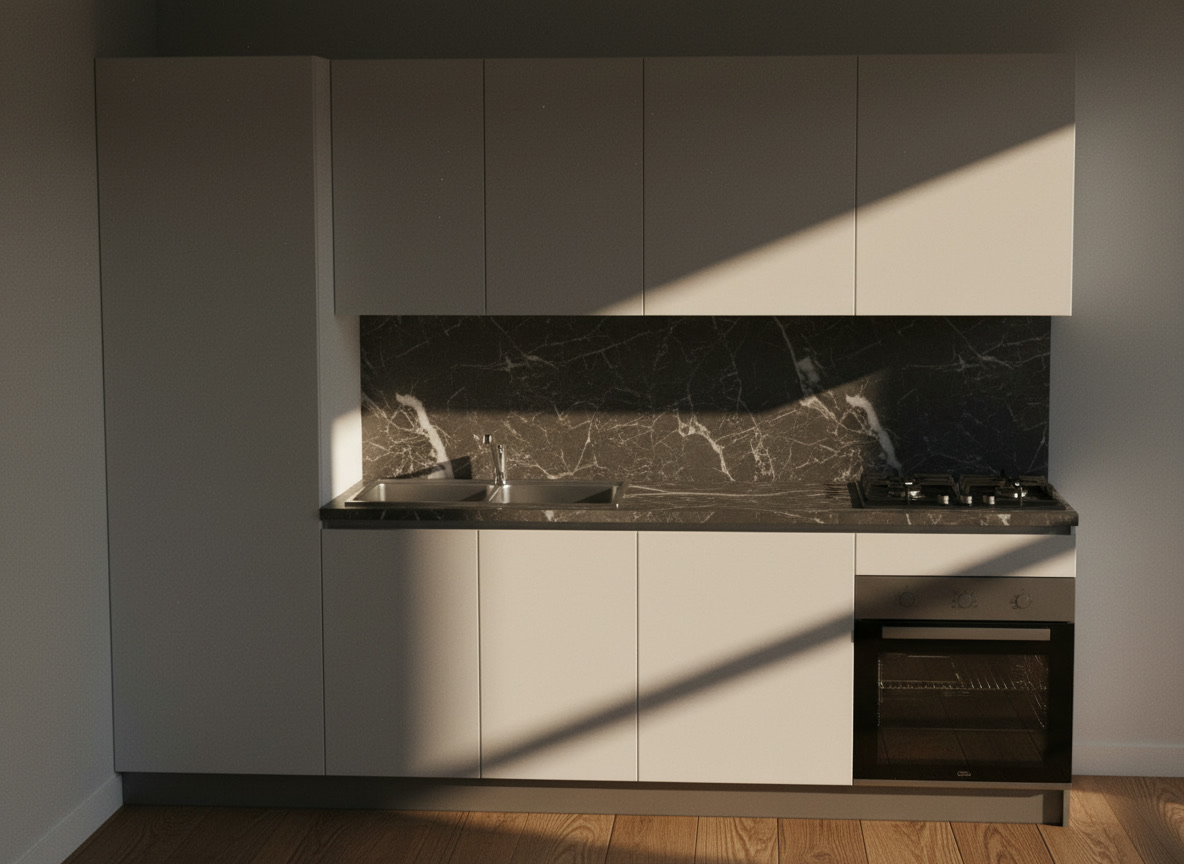 Render 3D di cucina componibile bianca lineare con piano scuro e forno incassato, progettazione Michelessi