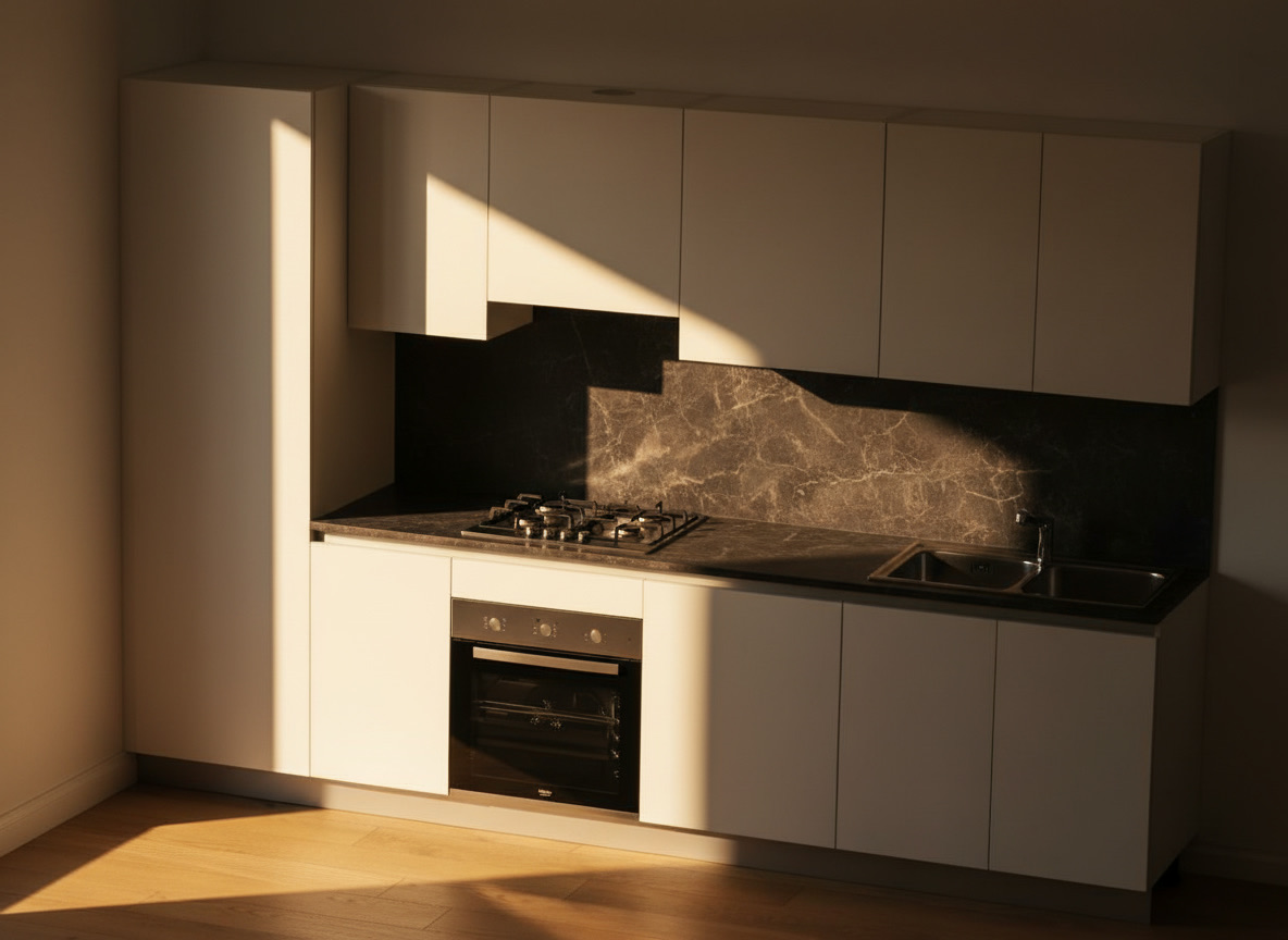 Render 3D di cucina bianca con colonna, pensili, lavello inox e forno, progettazione 3D Michelessi