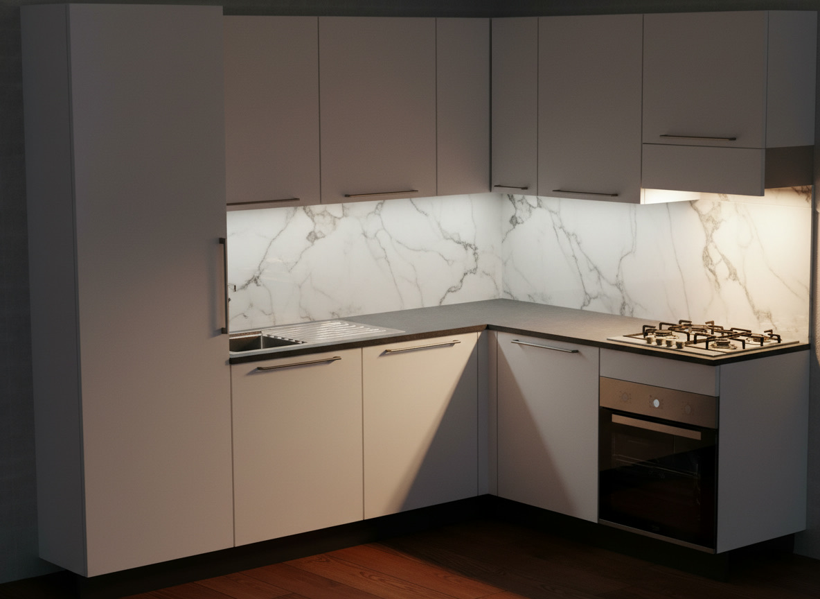 Render 3D di cucina bianca ad angolo con piano scuro e forno integrato, progettazione Michelessi