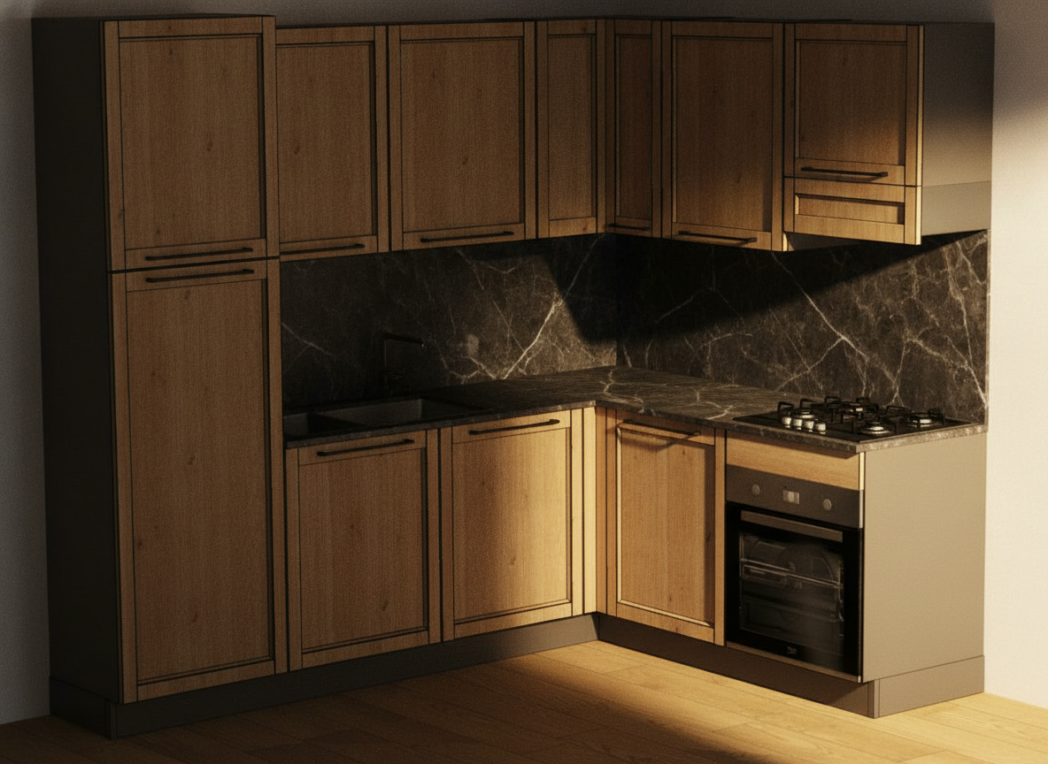 Render 3D di cucina ad angolo con ante a telaio in legno chiaro e piano scuro, progettazione Michelessi