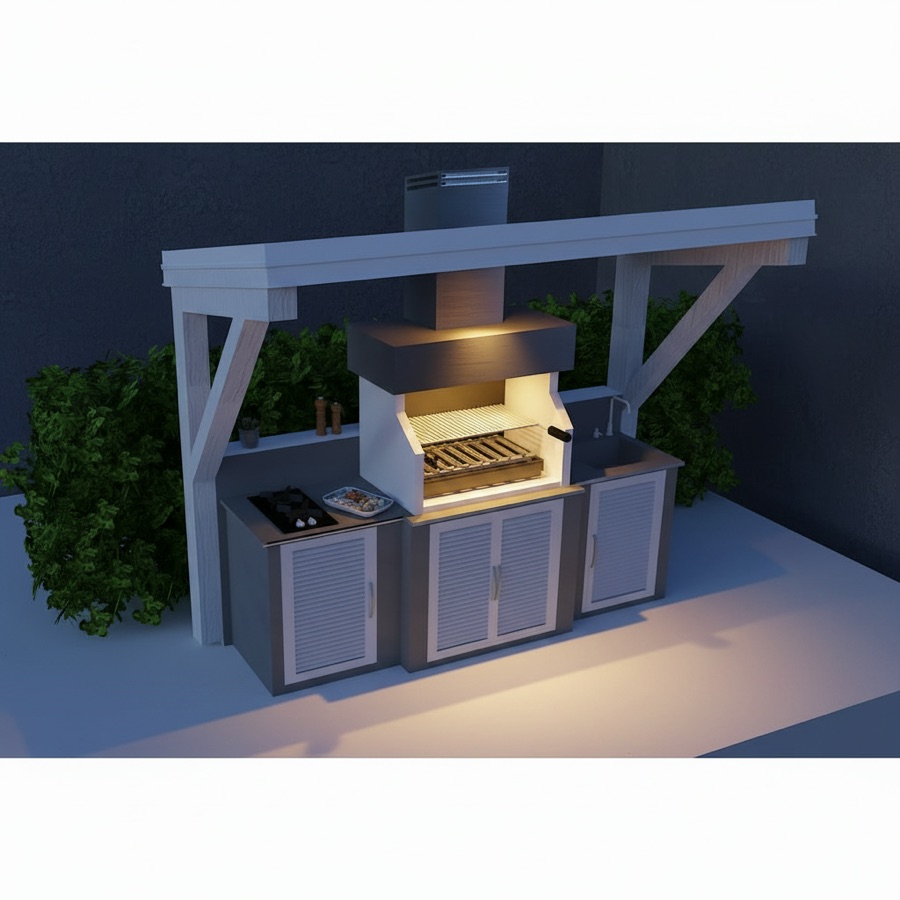 Rendering 3D di cucina da esterno con pergolato bianco, cappa in acciaio, barbecue e moduli con ante