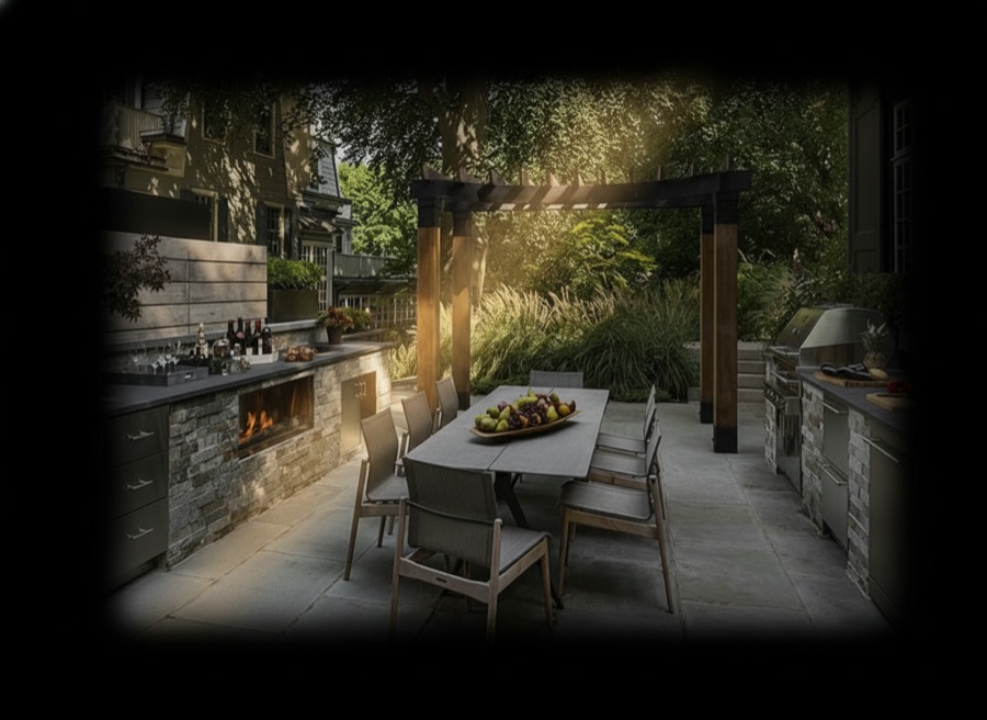 Cucina da esterno in pietra con doppio pianale, barbecue in acciaio incassato e tavolo conviviale in giardino