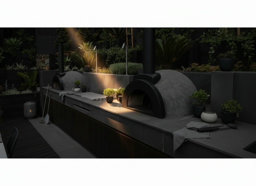 Cucina da esterno in gres effetto pietra con forno a cupola nero e antine in legno trattato, su terrazza verde