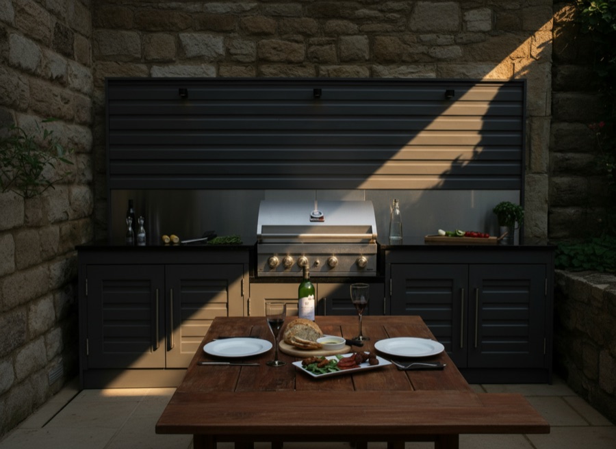 Cucina da esterno in acciaio effetto legno con lavello da incasso e barbecue a gas, tavolo in legno in primo piano