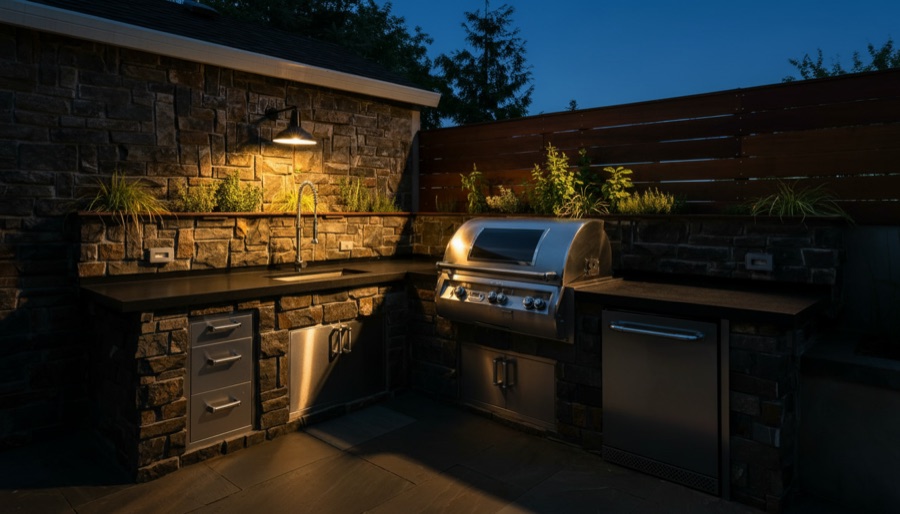 Cucina da esterno in pietra a vista con due barbecue in acciaio inox, piani scuri e fioriere, recinzione in legno