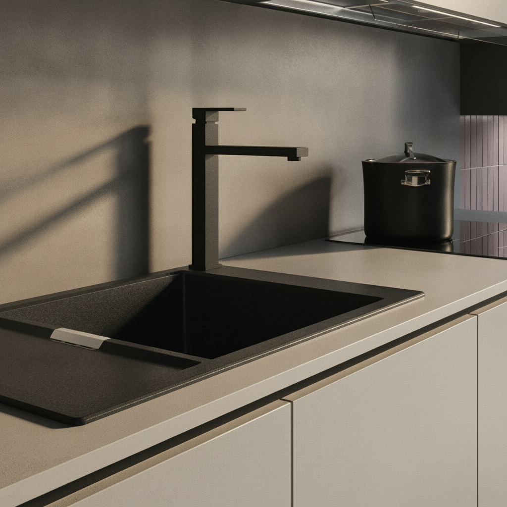 Lavello nero con miscelatore nero squadrato su piano chiaro, cucina moderna da interno