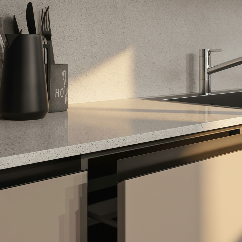 Piano di lavoro chiaro puntinato con profilo maniglia integrata nera, cucina componibile moderna