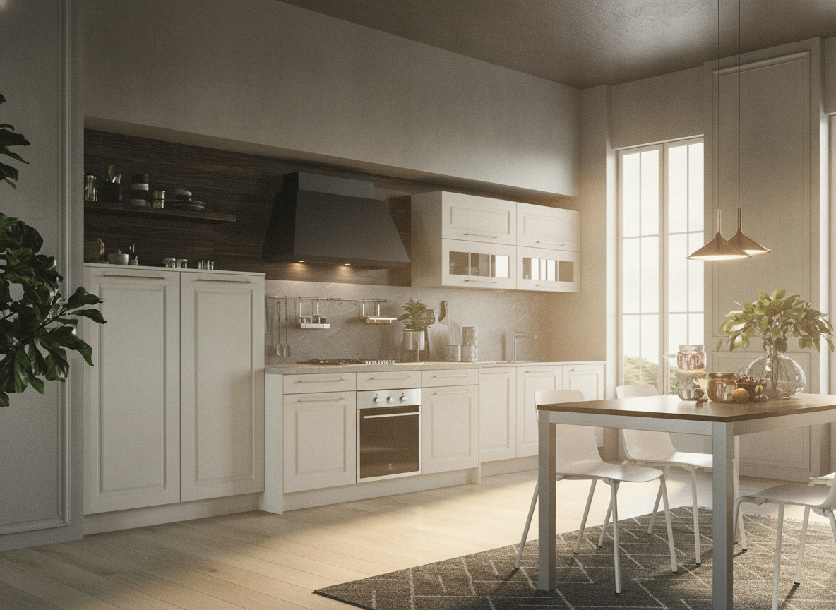 Cucina da interno classica bianca con ante a telaio, cappa scura e tavolo da pranzo