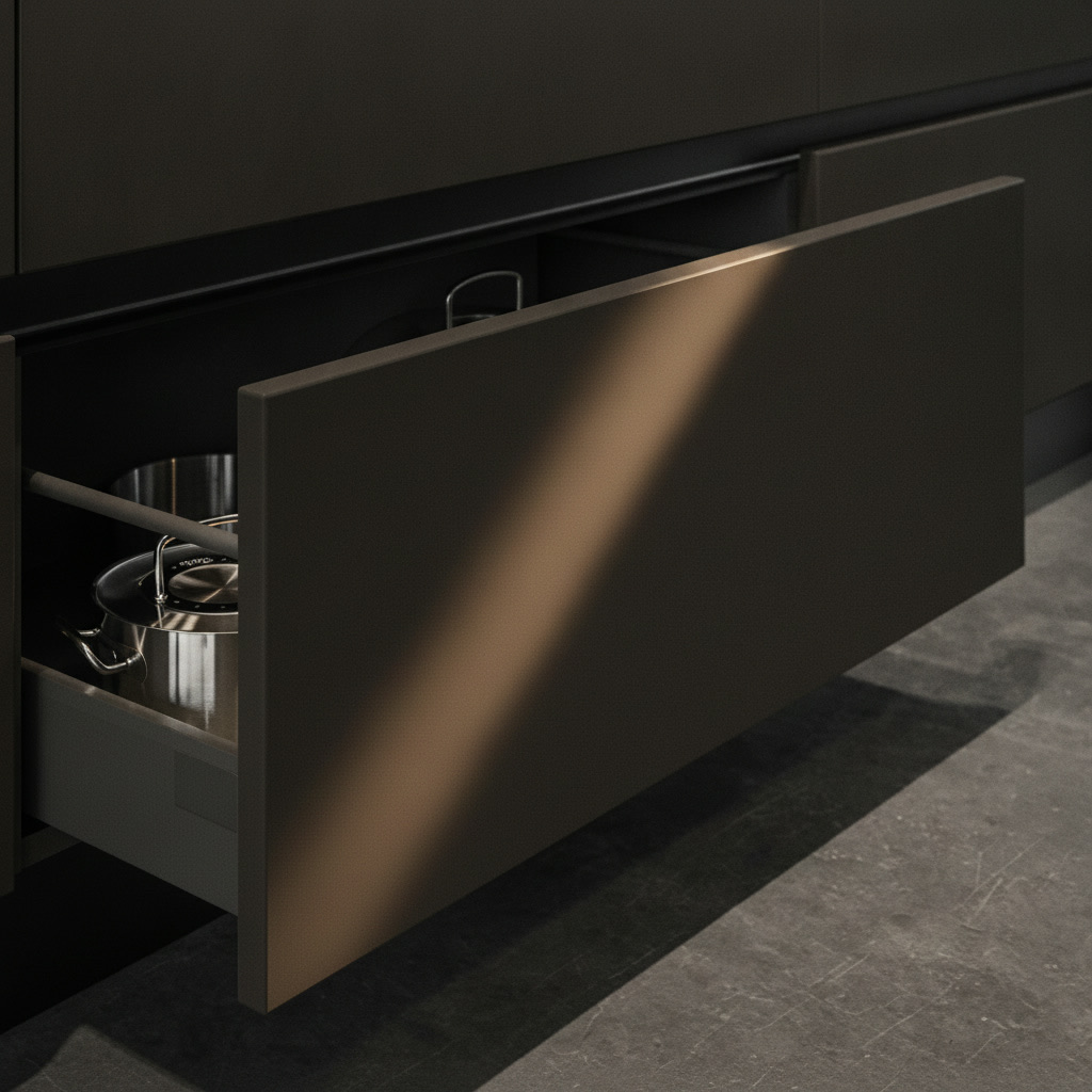 Cassettone grigio estratto con pentole in acciaio, cucina componibile moderna da interno