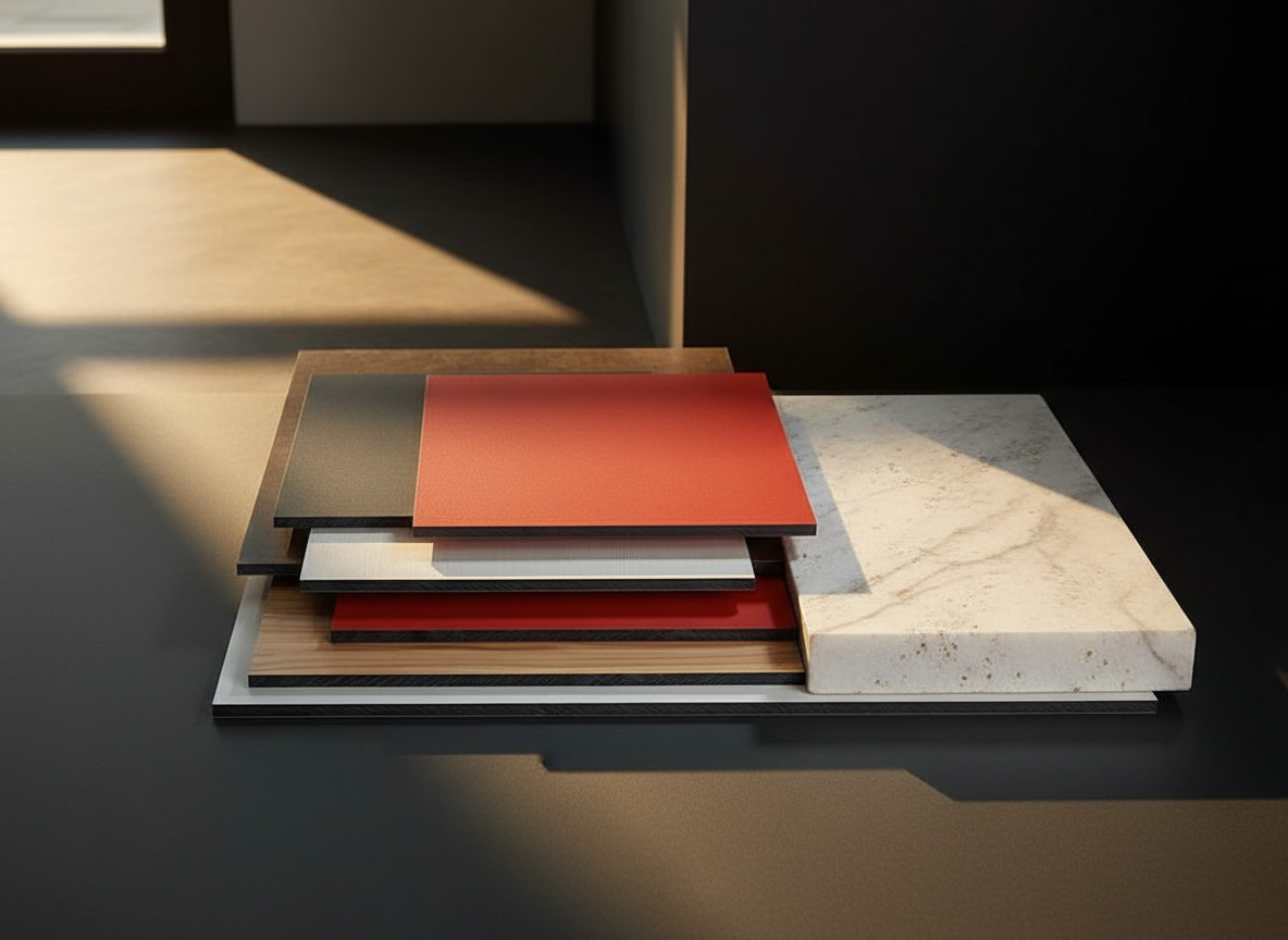 Campioni di pannelli e finiture colorate per ante di cucine componibili, rosso bianco nero e legno