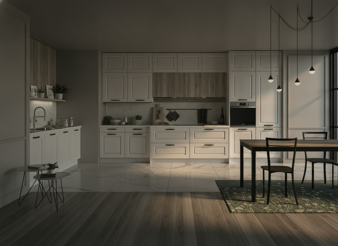 Cucina da interno bianca con ante a telaio, dettagli in legno e tavolo con sedie scure