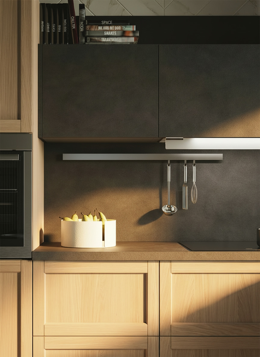 Dettaglio cucina da interno con ante a telaio in legno chiaro e schienale effetto pietra scura