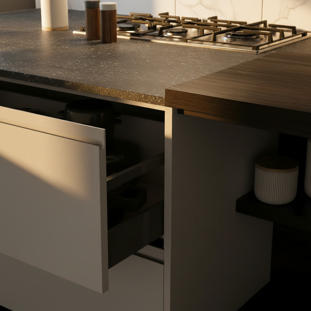 Cassetto bianco aperto con attrezzatura interna sotto piano effetto pietra con fuochi a gas