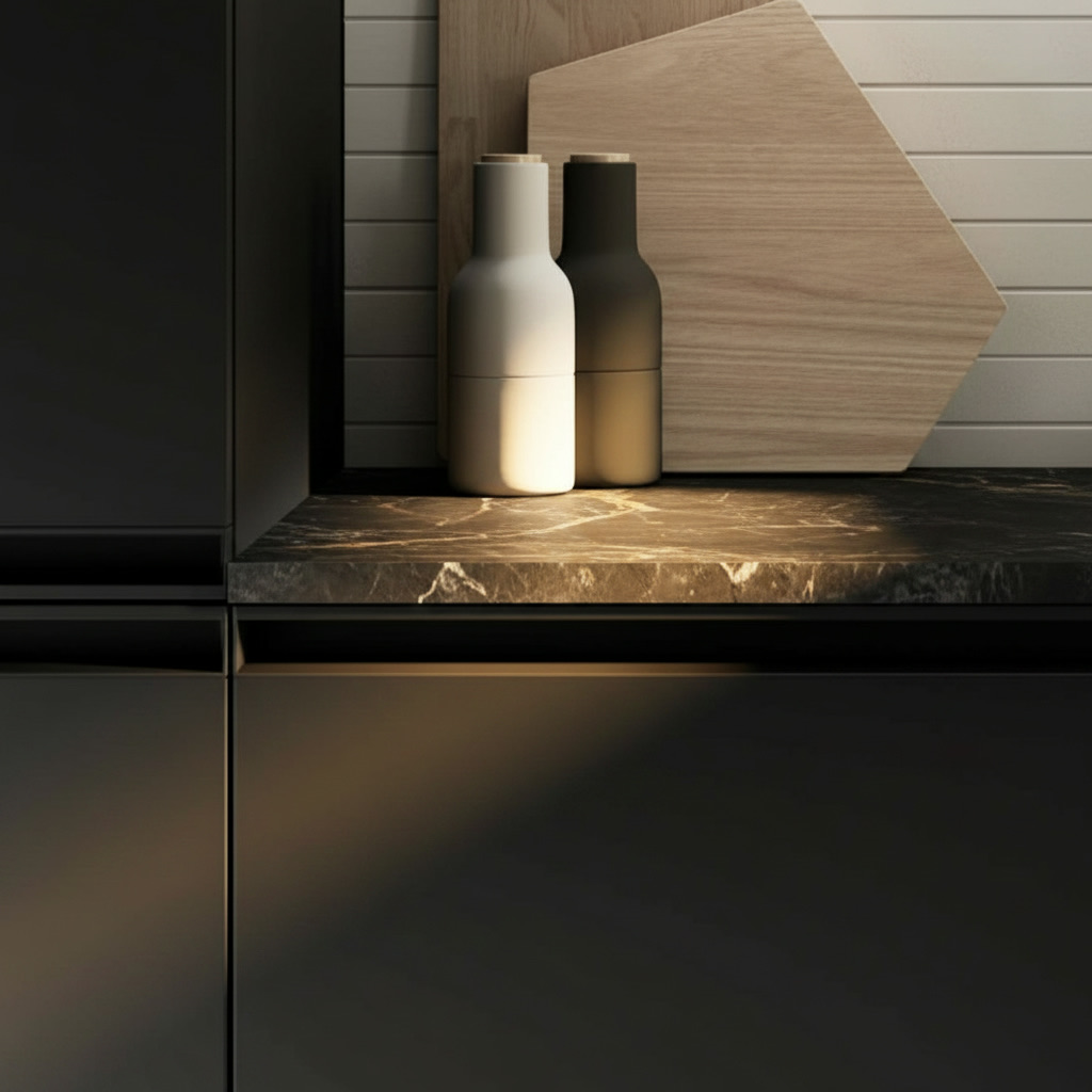 Dettaglio cucina nera opaca con mensola, bottiglie e taglieri in legno naturale