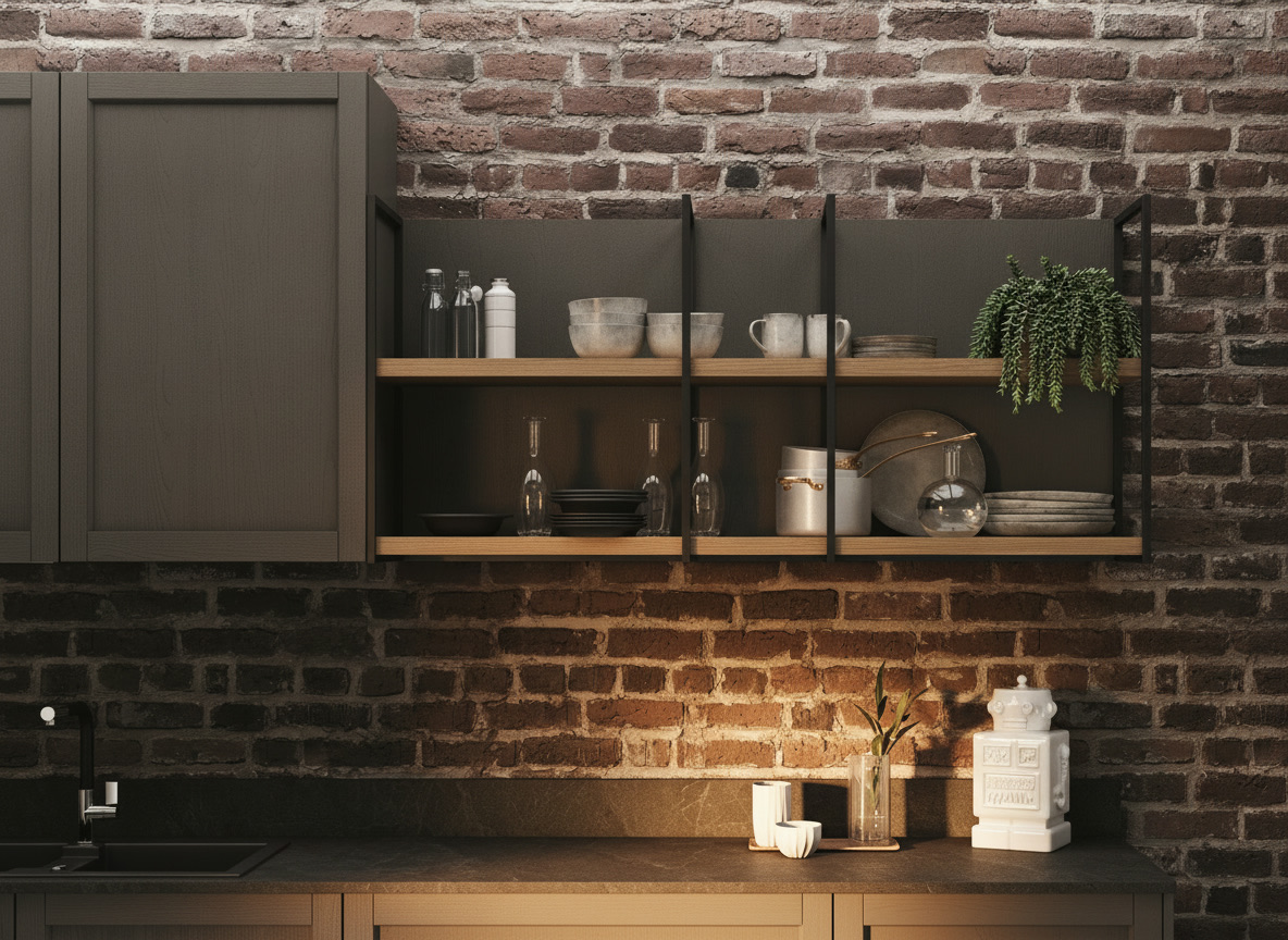 Cucina grigia con pensili a giorno in metallo e legno su parete in mattoni a vista