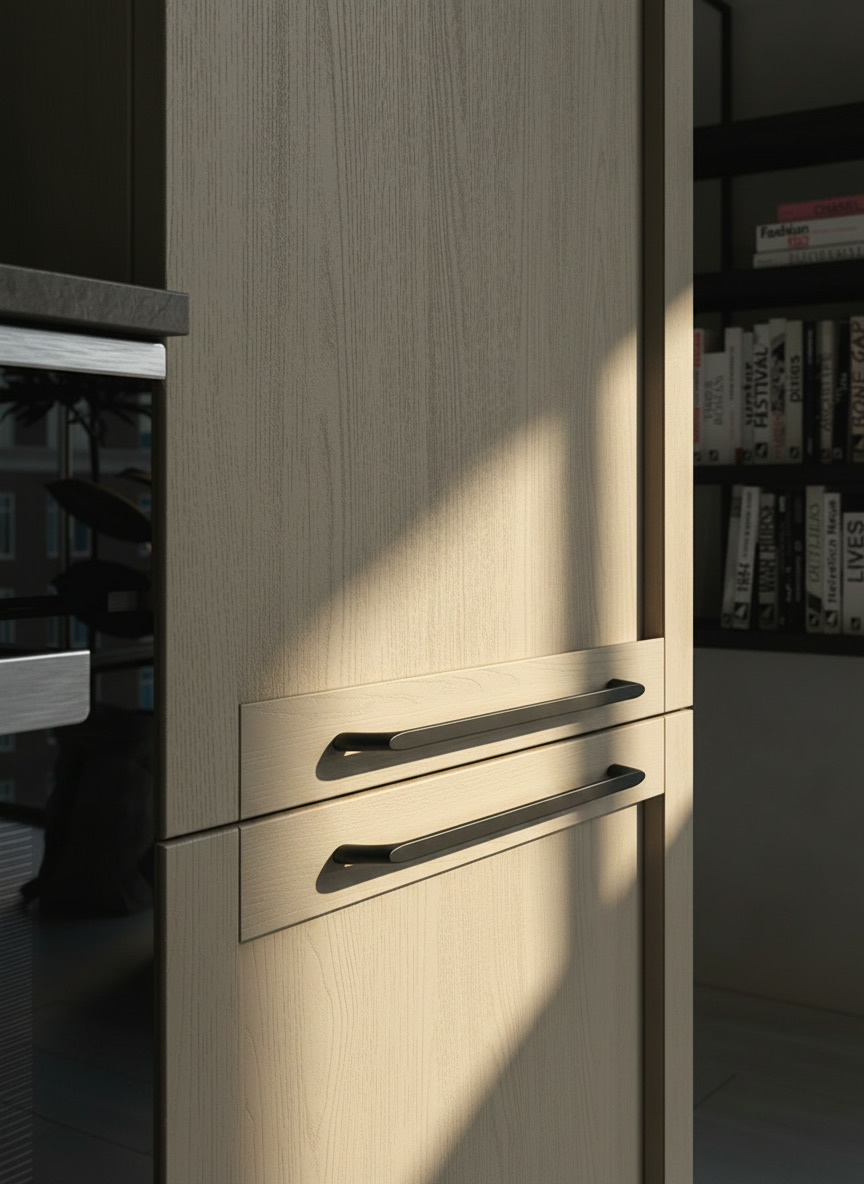 Colonna cucina in legno chiaro con maniglie nere orizzontali, dettaglio ravvicinato