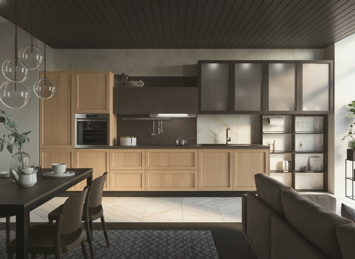 Cucina da interno in legno chiaro con vetrine scure, tavolo da pranzo e soffitto nero a doghe