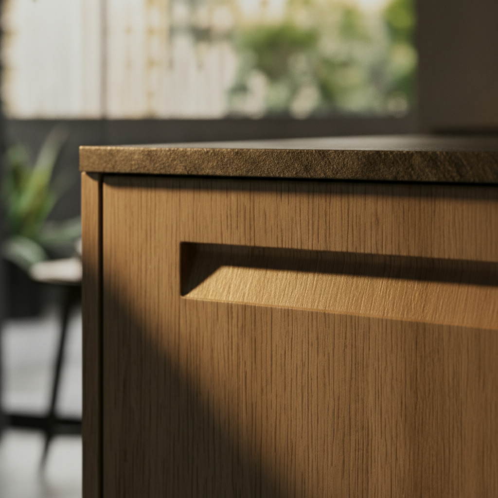 Dettaglio anta in legno chiaro con maniglia integrata scavata e piano effetto pietra grigia