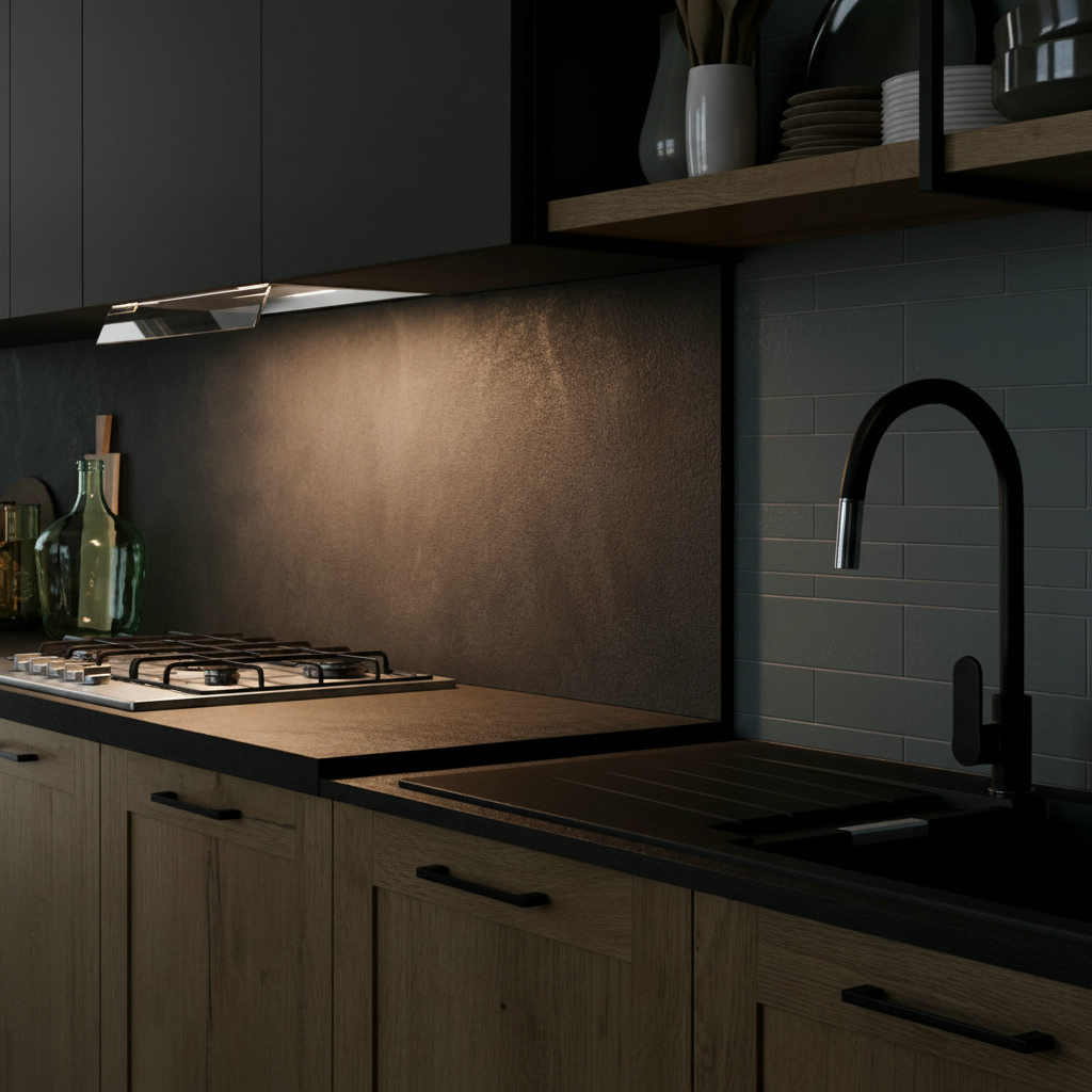 Cucina con fuochi a gas, schienale effetto pietra scura, parete azzurra e ante in legno chiaro