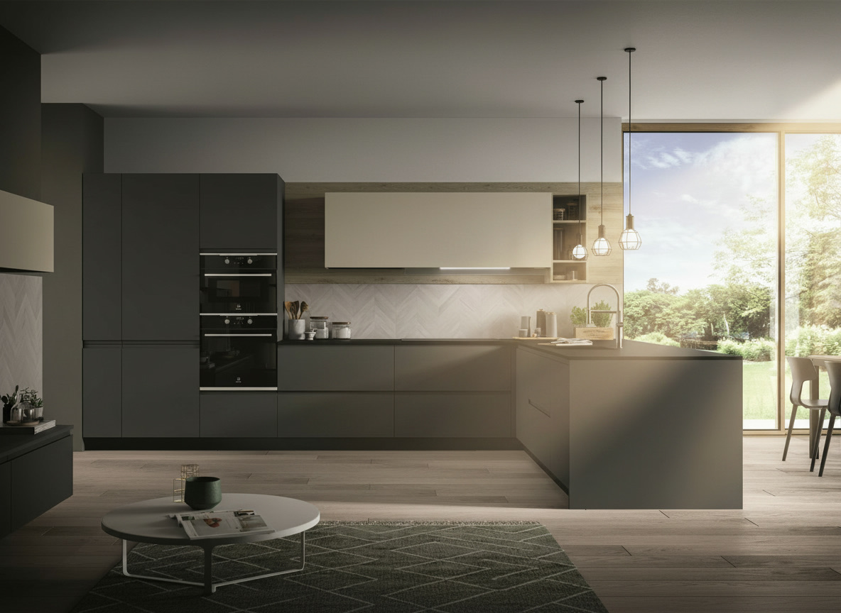 Cucina moderna grigio scuro con penisola, pensili crema e ampia vetrata sul verde