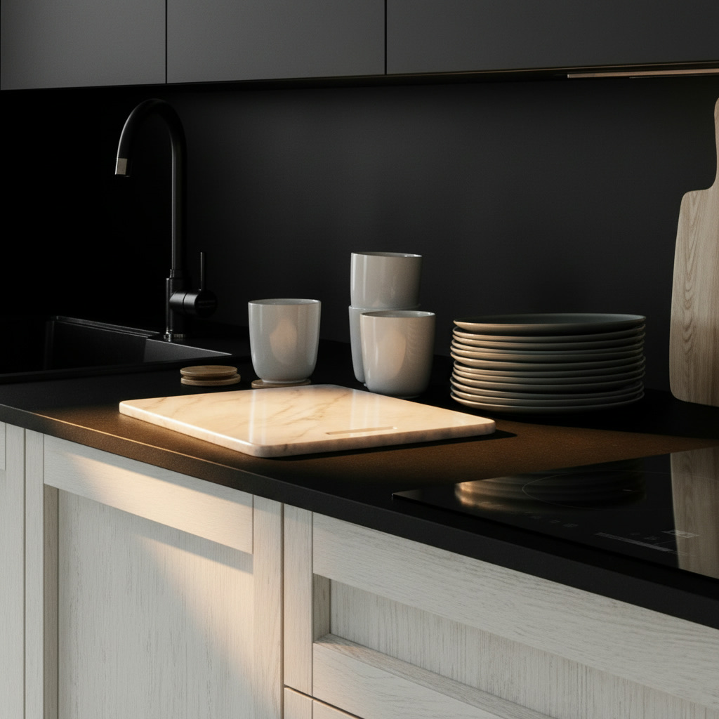 Piano nero con tagliere in marmo bianco, tazze e piatti su cucina con ante a telaio chiare
