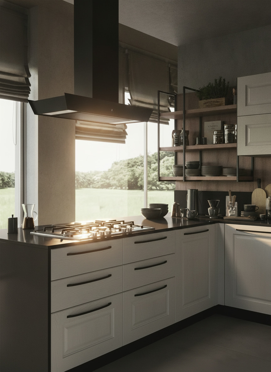Cucina classica bianca con penisola, piano scuro, fuochi a gas e cappa nera sospesa