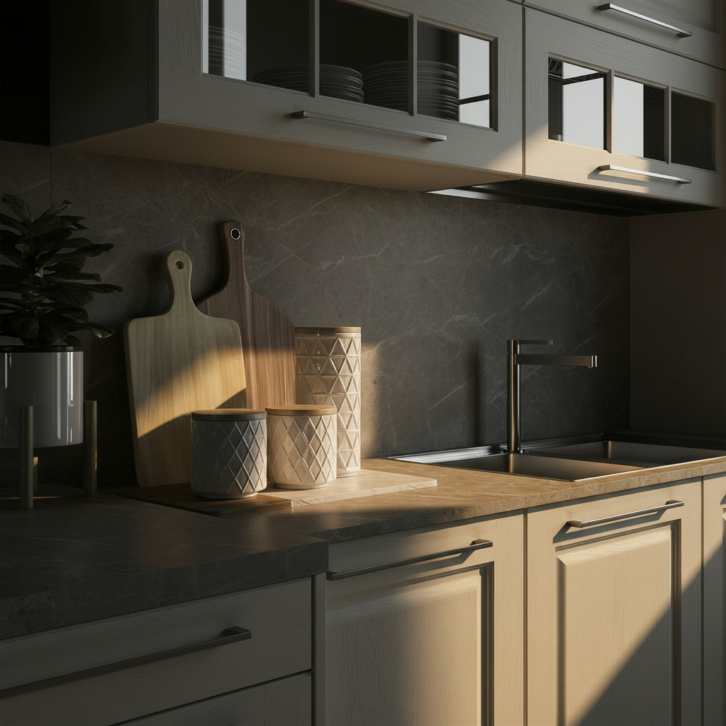 Cucina crema con schienale effetto marmo grigio venato, taglieri in legno e vasi in ceramica