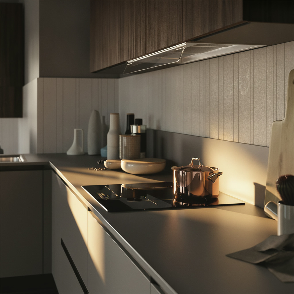 Cucina minimal grigio opaco con piano a induzione, pentola in rame e pensili in legno scuro