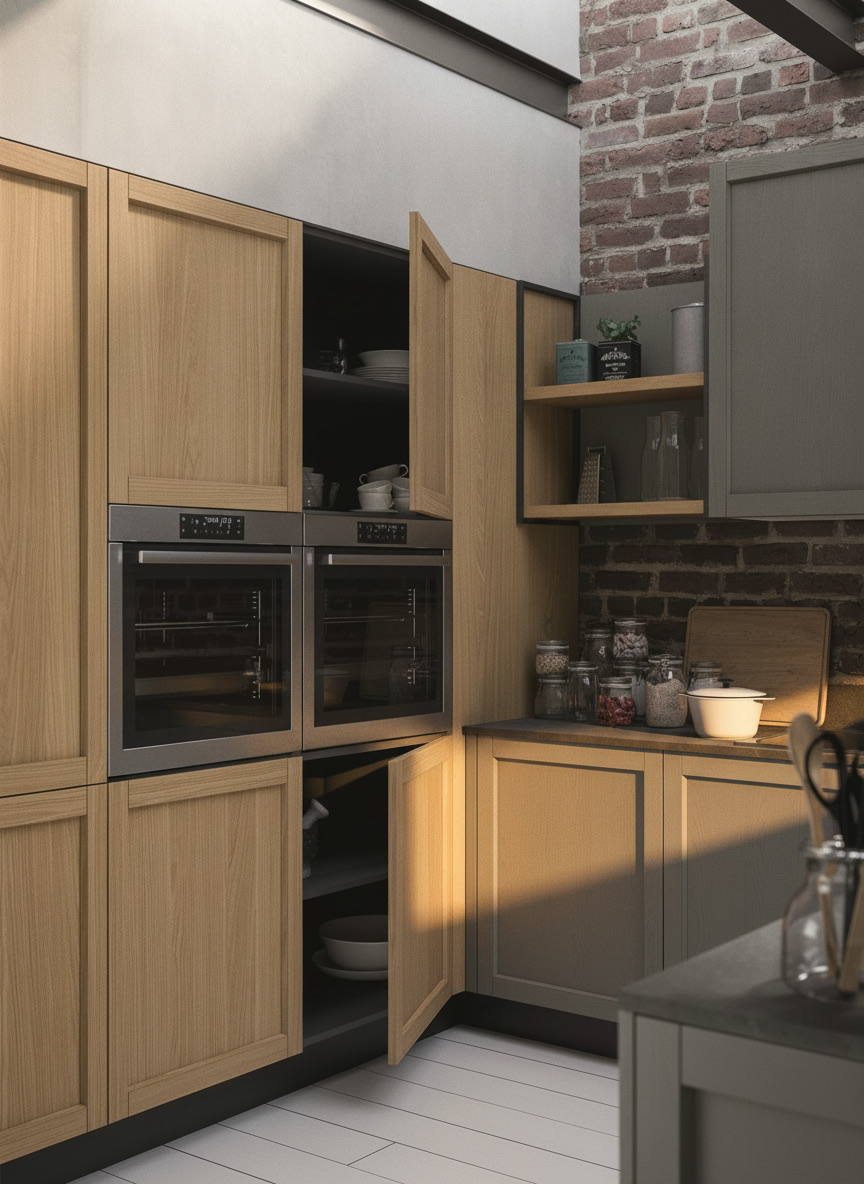 Colonna cucina in legno chiaro con doppio forno, ante aperte e parete in mattoni a vista