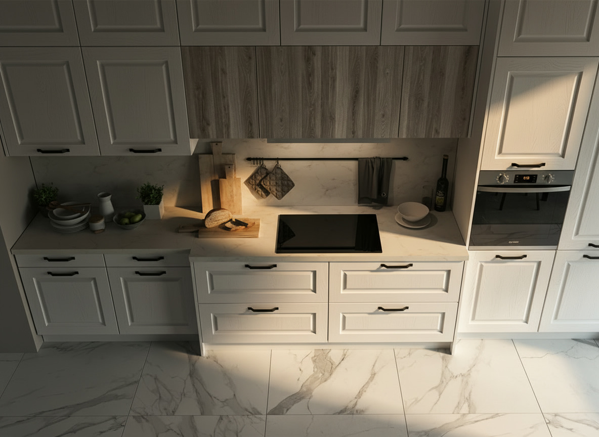 Cucina classica bianca con ante a telaio e pavimento in marmo bianco a venature grigie