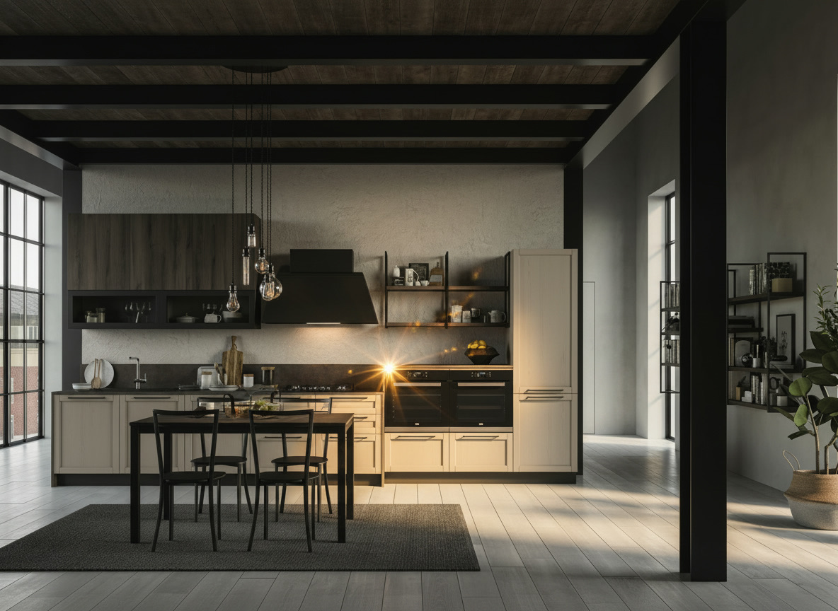 Cucina da interno greige in ambiente loft con travi nere a soffitto e tavolo scuro