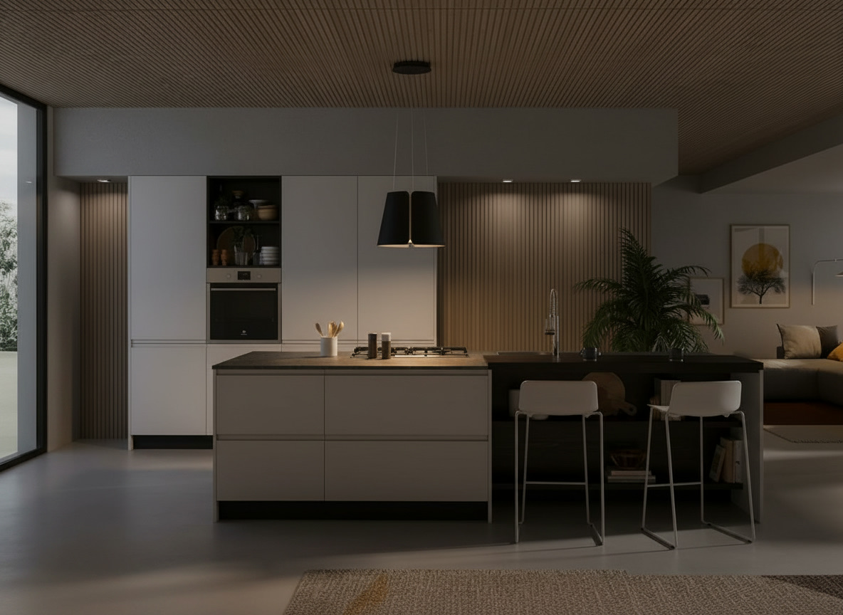 Cucina open space con isola chiara, bancone in legno scuro, sgabelli e soffitto a doghe