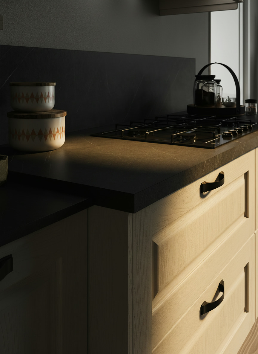 Piano effetto ardesia scura con fuochi a gas e cassettoni crema a telaio con maniglie nere