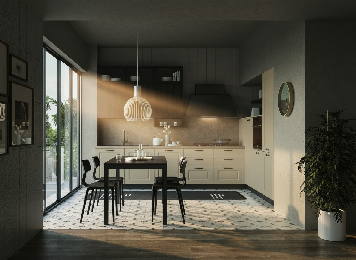 Cucina con pensili a doghe bianche e legno scuro, lampade a sospensione e pavimento decorato