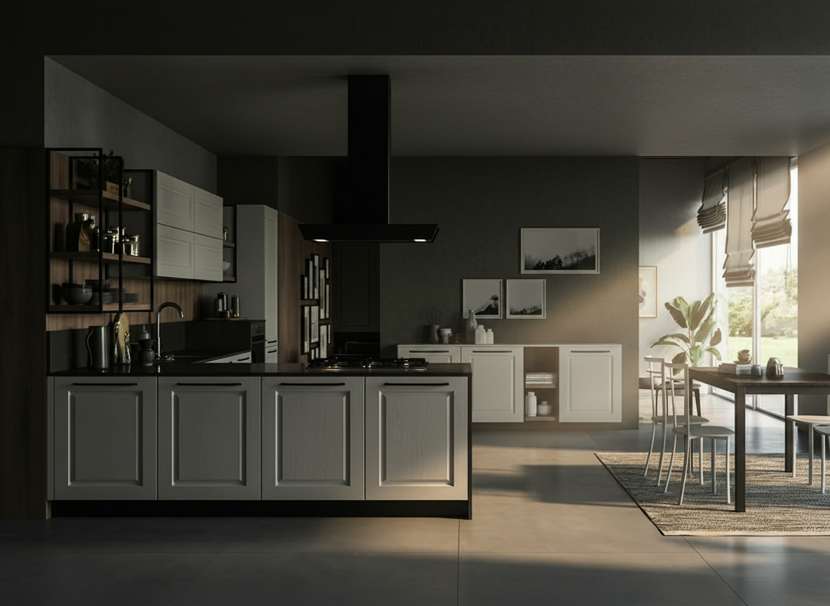 Cucina bianca con isola ad ante a telaio, cappa scura sospesa e scaffali in legno a parete
