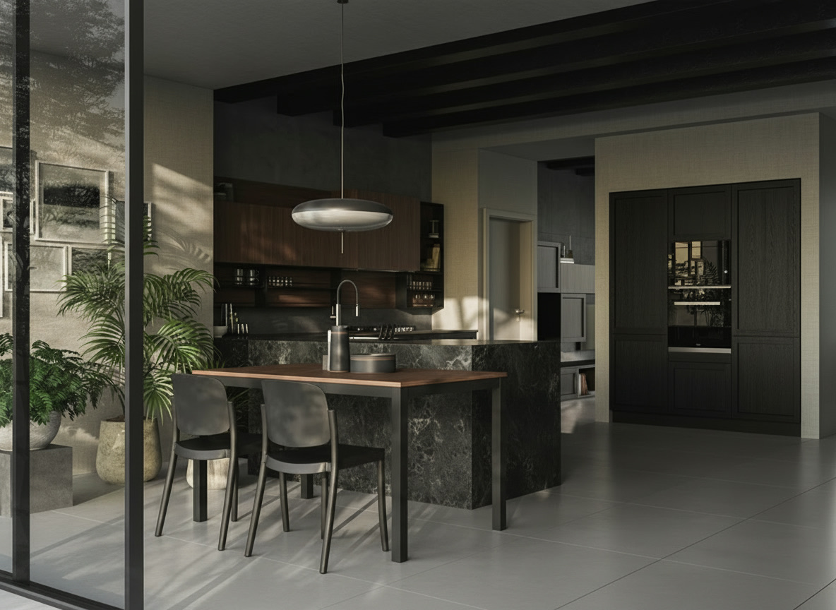 Cucina loft con pensili in noce, colonne scure a vetrina, bancone con sgabelli neri